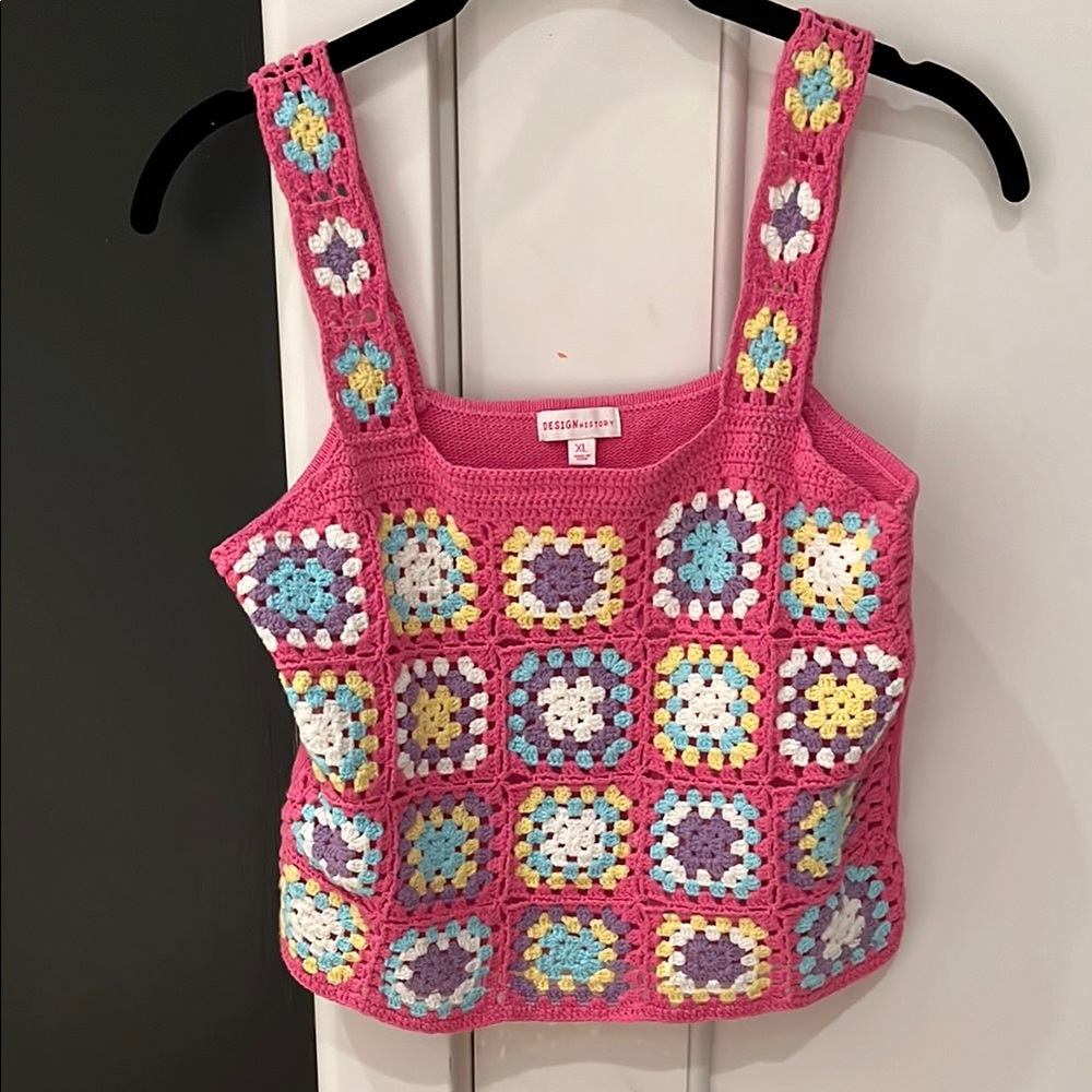 Pink Crochet Tank Top with Colorful Squares